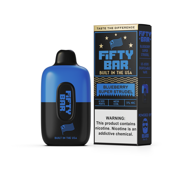 Fifty Bar 6500 Puff Rechargeable Vape Disposable 16mL Best Flavor Blueberry Super Strudel