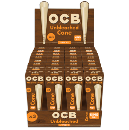 OCB Virgin Pre-Roll Cone King Size 3 Count Display of 32 Wholesale