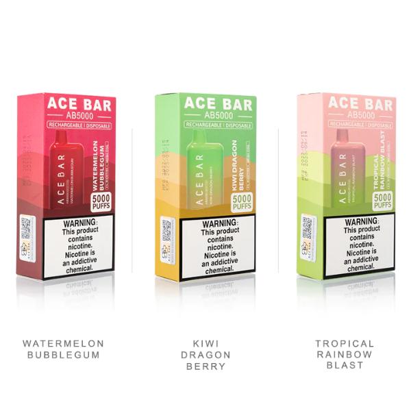 Ace Bar AB 5000 5000 Puffs Disposable Vape 10mL 10 Pack Best Flavors Watermelon Bubblegum Kiwi Dragon Berry Tropical Rainbow Blast