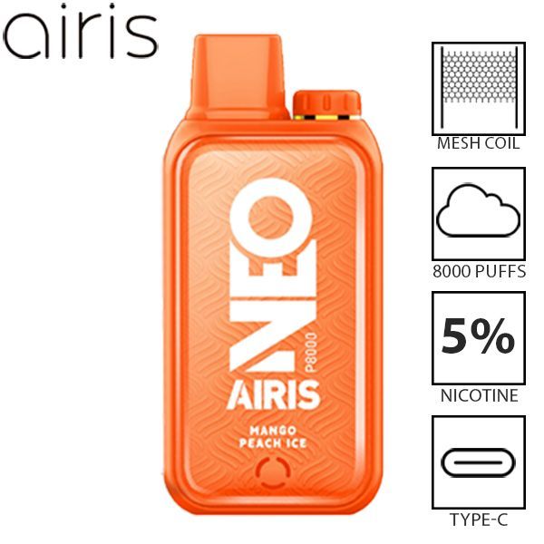 Airis Neo P8000 8000 Puffs Rechargeable Vape Disposable 20mL Best Flavor Mango Peach Ice