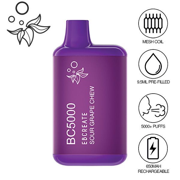 EBCreate BC5000 Thermal Edition Disposable Vape 10 Pack 9.5mL Best Flavor Sour Grape Chew