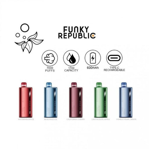Funky Republic Ti7000 7000 Puffs Rechargeable Vape Disposable 17mL 10 Pack Best Flavors Watermelon Ice Blue Razz Ice California Cherry Cantaloupe Apple Pomelo Pearl Grape