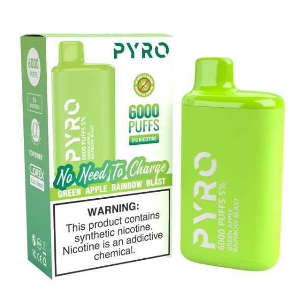 Pyro Disposable 6000 Puffs Disposable Vape 13mL Best Flavor Green Apple Rainbow Blast