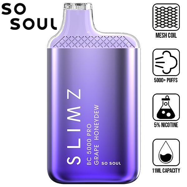 Slimz BC5000 Pro by So Soul 5000 Puffs Rechargeable Disposable 11mL 10 Pack Best Flavor Grape Honeydew