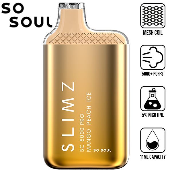 Slimz BC5000 Pro by So Soul 5000 Puffs Rechargeable Disposable 11mL 10 Pack Best Flavor Mango Peach Ice