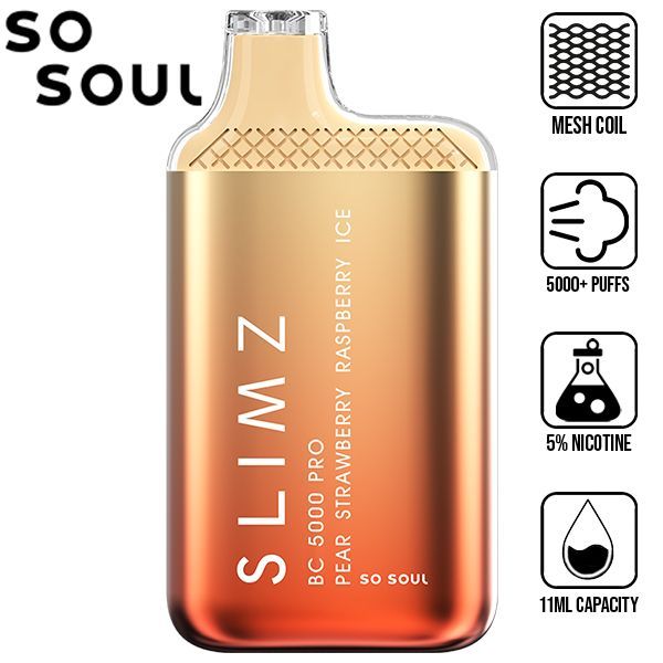 Slimz BC5000 Pro by So Soul 5000 Puffs Rechargeable Disposable 11mL 10 Pack Best Flavor Pear Strawberry Raspberry Ice