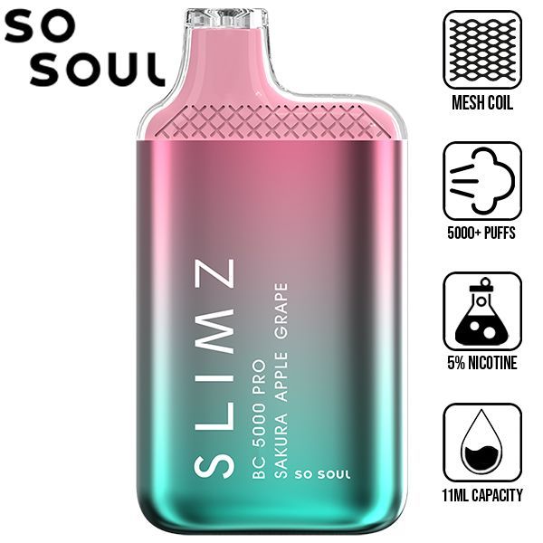 Slimz BC5000 Pro by So Soul 5000 Puffs Rechargeable Disposable 11mL 10 Pack Best Flavor Sakura Apple Grape