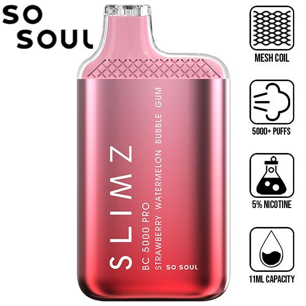 Slimz BC5000 Pro by So Soul 5000 Puffs Rechargeable Disposable 11mL 10 Pack Best Flavor Strawberry Watermelon Bubble Gum