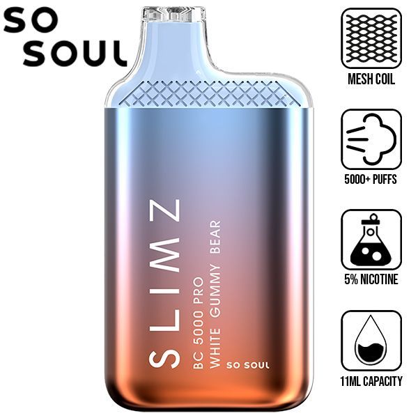 Slimz BC5000 Pro by So Soul 5000 Puffs Rechargeable Disposable 11mL 10 Pack Best Flavor White Gummy Bear