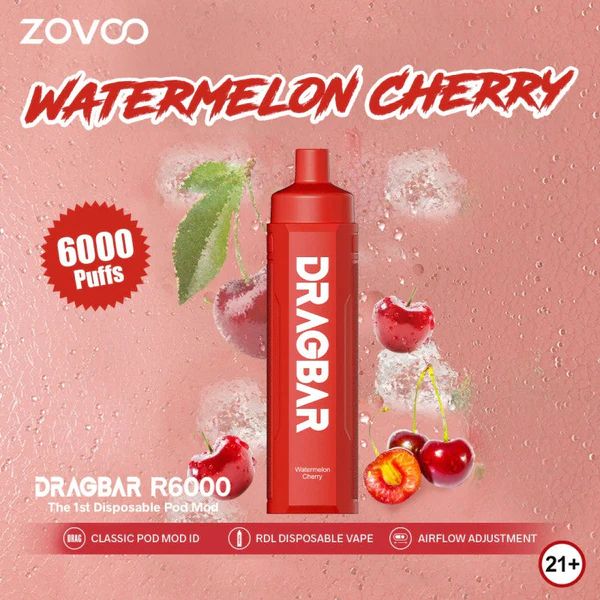 Zovoo Drag Bar R6000 6000 Puffs Rechargeable Vape Disposable 18mL Best Flavor Watermelon Cherry