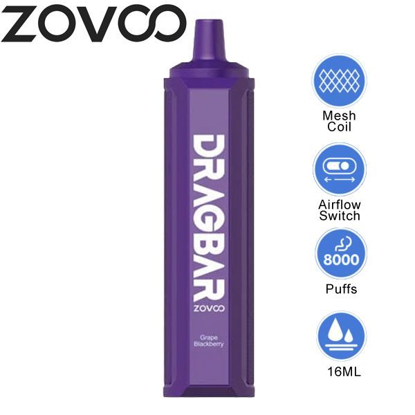 Zovoo Drag Bar F8000 8000 Puffs Rechargeable Vape Disposable 16mL Best Flavor Grape Blackberry
