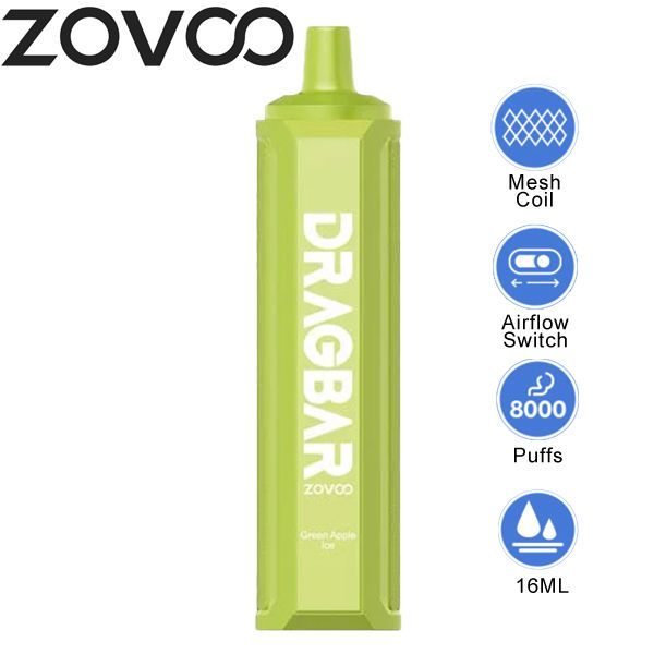 Zovoo Drag Bar F8000 8000 Puffs Rechargeable Vape Disposable 16mL Best Flavor Green Apple Ice