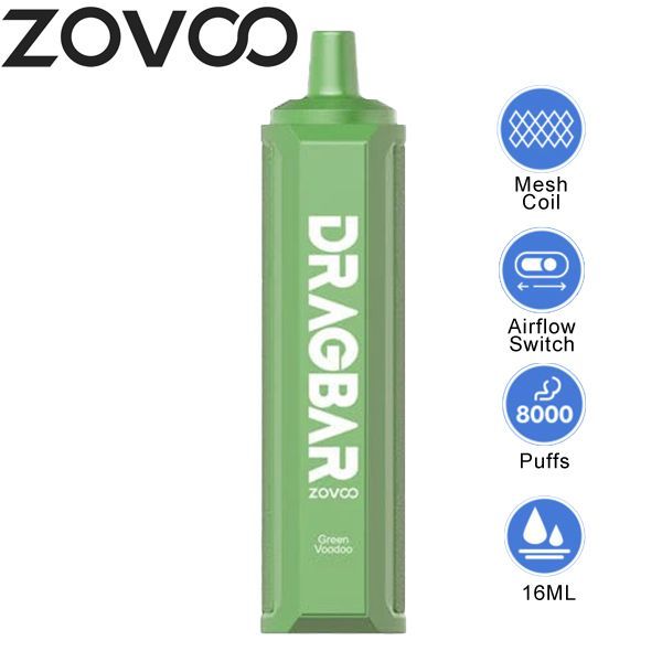 Zovoo Drag Bar F8000 8000 Puffs Rechargeable Vape Disposable 16mL Best Flavor Green Voodoo