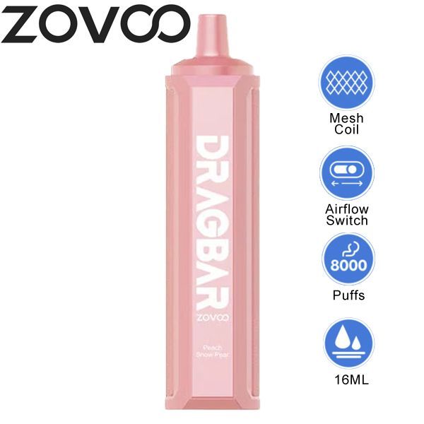 Zovoo Drag Bar F8000 8000 Puffs Rechargeable Vape Disposable 16mL Best Flavor Peach Snow Pear