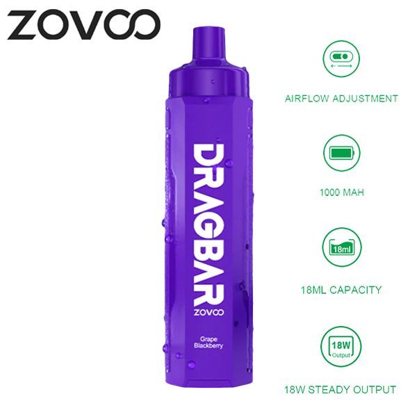 Zovoo Drag Bar R6000 6000 Puffs Rechargeable Vape Disposable 18mL Best Flavor Grape Blackberry