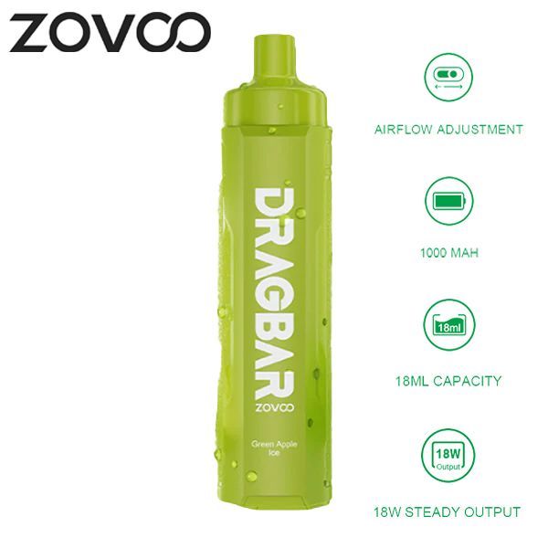Zovoo Drag Bar R6000 6000 Puffs Rechargeable Vape Disposable 18mL Best Flavor Green Apple Ice