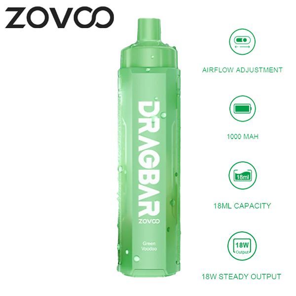 Zovoo Drag Bar R6000 6000 Puffs Rechargeable Vape Disposable 18mL Best Flavor Green Voodoo
