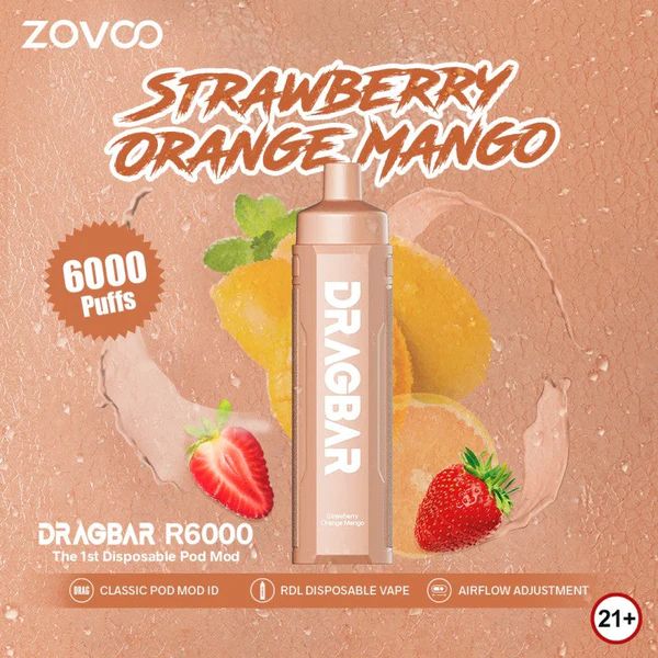Zovoo Drag Bar R6000 6000 Puffs Rechargeable Vape Disposable 18mL Best Flavor Strawberry Orange Mango