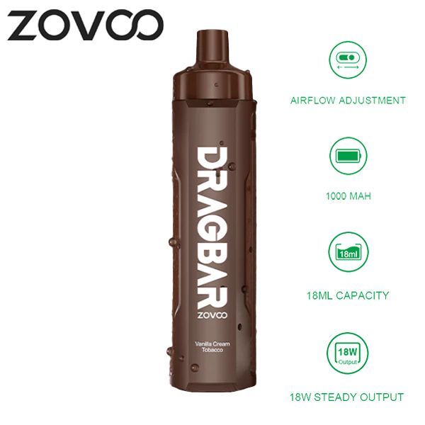 Zovoo Drag Bar R6000 6000 Puffs Rechargeable Vape Disposable 18mL Best Flavor Vanilla Cream Tobacco