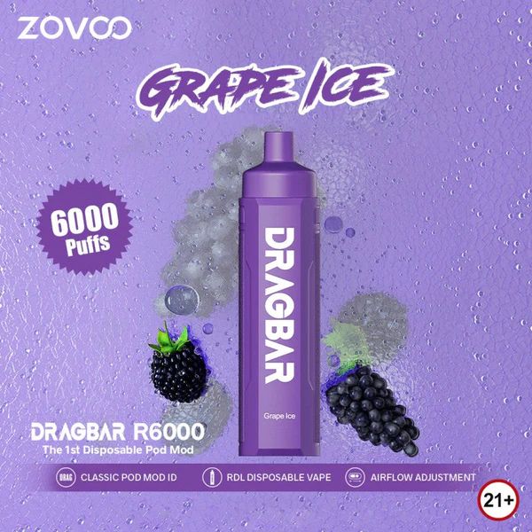 Zovoo Drag Bar R6000 6000 Puffs Rechargeable Vape Disposable 18mL Best Flavor Grape Ice
